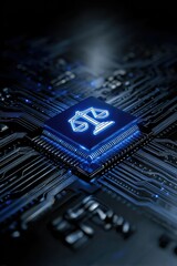 A glowing microchip with a digital justice scale symbol, representing legal technology and justice in the digital era.