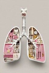 An artistic illustration of lungs filled with mechanical parts, clocks, and flowers, blending human anatomy with machinery and nature elements.