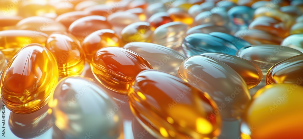 Poster colorful translucent capsules arranged in a vibrant pattern with reflections and highlights
