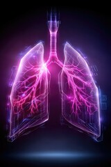 A glowing digital illustration of human lungs with neon lines and a futuristic, technological design on a dark background.