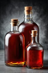 Three glass bottles with corks filled with dark amber liquid, arranged on a gray surface against a moody background.