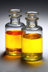 Two glass bottles filled with yellow and amber liquid, placed side by side on a reflective surface.