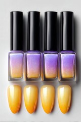 Four bottles of gradient purple-yellow nail polish with matching yellow ombre nail samples displayed below.
