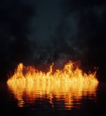 Flames Reflecting on Water Surface Under Dark Cloudy Sky
