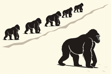 Naklejka premium Gorilla trekking journey black silhouettes following leader ascent vector illustration