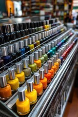 A vibrant display of colorful nail polish bottles neatly arranged on shelves in a beauty store.