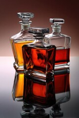 Three elegant glass decanters filled with amber and brown spirits are displayed on a reflective surface against a gradient background.