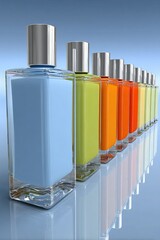 Colorful glass bottles with metallic caps arranged in a neat row, reflecting on a glossy surface against a blue gradient background.