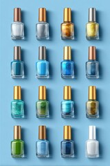 Colorful nail polish bottles arranged in a neat grid on a pastel blue background.
