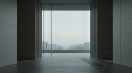 Fototapeta premium Minimalist interior features a large window offering a hazy, distant cityscape view, framed by concrete walls and sheer curtains. The floor is smooth and reflective