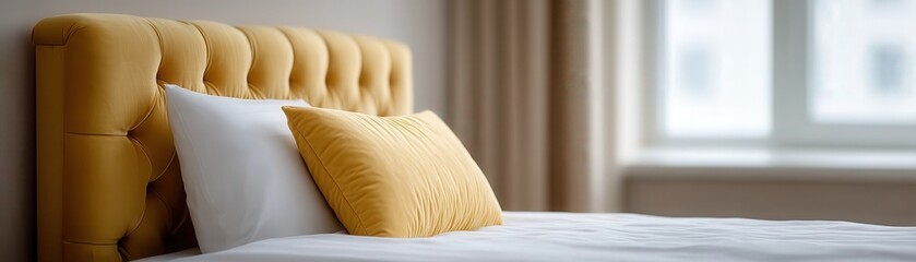 Obraz premium Luxuriously Appointed Bedroom with Plush Velvet Headboard and Pillows