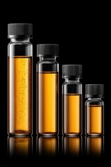 Four glass vials of amber liquid, arranged by height, with black screw caps, on a reflective black background.