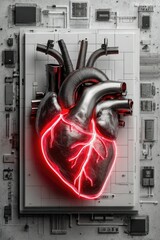A metallic heart with glowing red neon veins is mounted on a circuit board, blending human anatomy with futuristic technology.