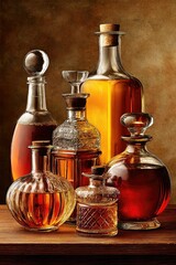 Elegant glass decanters filled with amber-colored liquors are arranged on a wooden surface against a warm, textured background.