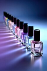 A row of colorful nail polish bottles arranged diagonally on a glossy surface with vibrant lighting.