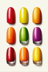 Nine artificial nails painted in vibrant shades of red, yellow, orange, green, and purple, arranged in a neat grid on a light background.