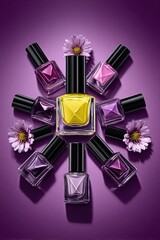 Colorful nail polish bottles and purple flowers arranged in a sunburst pattern on a vibrant purple background.