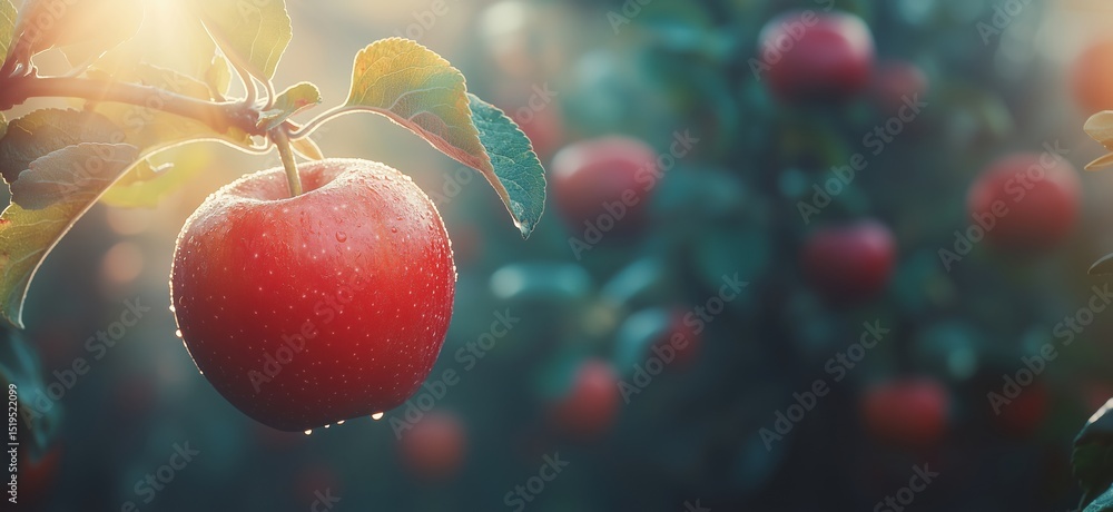 Poster fresh red apple hanging on tree branch in orchard with dew drops and blurred background