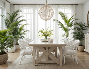 Coastal-inspired dining space with a bleached wood table, white woven chairs, indoor palms and ferns.