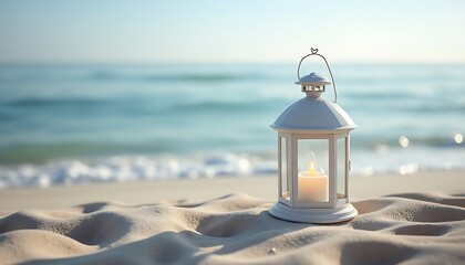 White Lantern on Beach with Candle
