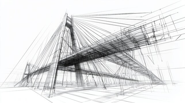 Artistic architectural sketch of a bridge design showcasing structural elements and cables during daylight hours