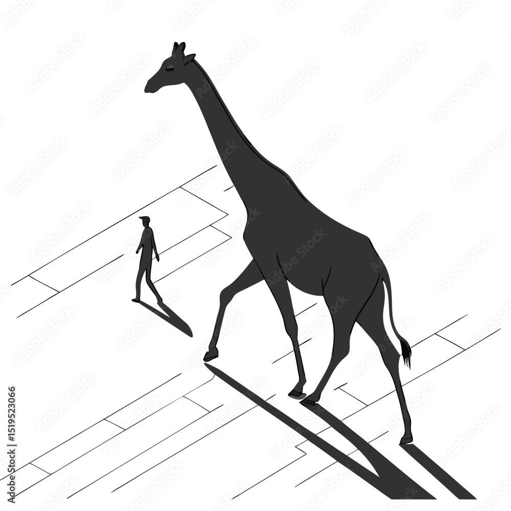 Poster minimalist vector illustration depicting man walking alongside large giraffe in simple setting