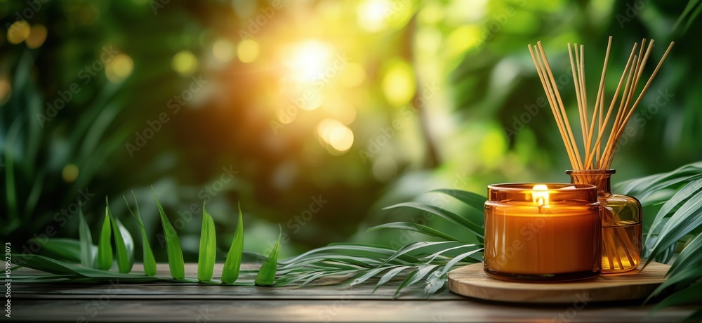 Poster aromatic candle and diffuser surrounded by lush greenery in serene setting