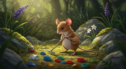 Naklejka premium Cute Cartoon Mouse Raking Colorful Plastic Bottle Caps in Forest
