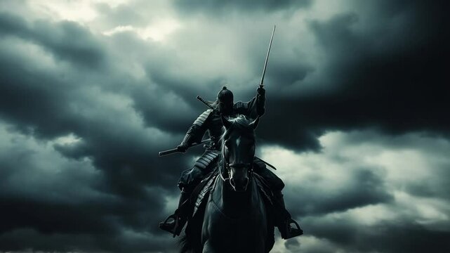 Samurai warrior riding a horse wielding a sword amidst dramatic storm clouds backdrop