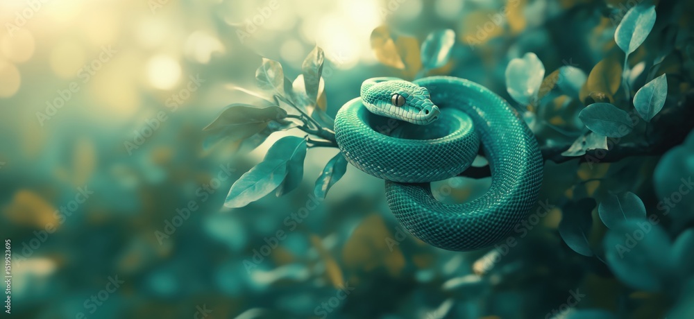 Poster green tree python coiled on branch surrounded by lush foliage and soft light