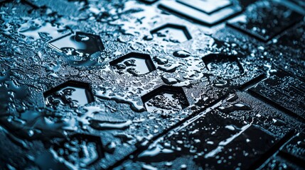 Raindrops glisten on textured surface, capturing reflections and intricate patterns in urban environment at dusk