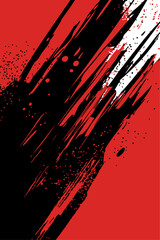 Aggressive vector abstract art. Dynamic black paint strokes and splatters over a vibrant red and white background, creating an energetic, edgy design.