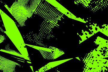 Dynamic grunge vector texture. Chaotic green and black paint effects with bold lines and distressed elements, perfect for sports, music, or urban-themed graphics.