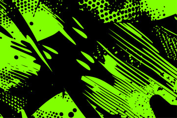Vibrant abstract vector background. Energetic lime green and black design featuring dynamic strokes, halftone dots, and grunge splatters for a modern, edgy look.