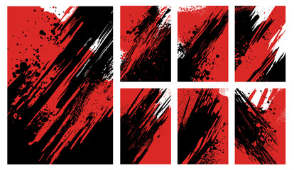 Dynamic abstract vector set. Intense red and black grunge backgrounds with aggressive brush strokes and ink splatters. Perfect for energetic, edgy designs, posters, and action-themed graphics.