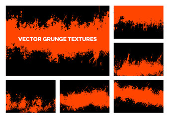 Energetic vector grunge textures set. Fiery orange and black distressed abstract backgrounds with rough edges, paint strokes, and splatter. Ideal for bold, dynamic designs and impactful graphics.