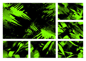 Dynamic abstract vector background set. Energetic green and black grunge textures, halftone effects, and chaotic brush strokes for modern edgy graphic design projects. Perfect for posters and banners.