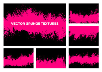 Bold vector grunge textures set. Vibrant pink and black distressed abstract backgrounds with rough edges, paint strokes, and splatter effects. Ideal for edgy, modern designs and eye-catching graphics.