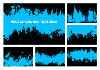 Striking vector grunge textures set. Bright blue and black distressed abstract backgrounds with rough edges, paint strokes, and splatter effects. Ideal for dynamic, modern designs and overlays.