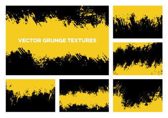 Vibrant vector grunge textures set. Yellow and black distressed abstract backgrounds with rough edges, paint strokes, and splatter effects. Perfect for modern, edgy designs and overlays.