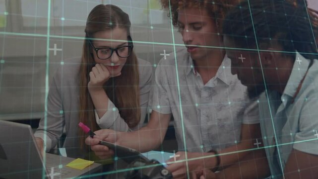 Upon laptop opening colleagues leaning marking design swapping camera, tablet planning next phase