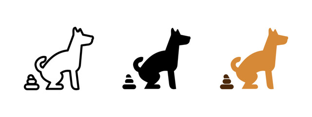Fototapeta premium Dog pooping icon. Sitting dog with small poop pile behind it vector illustration. Pet defecation and public hygiene awareness symbol. Outdoor animal waste responsibility sign. Park cleanup pictogram.
