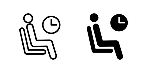 Waiting icon. Person sitting on chair next to a clock vector illustration. Represents waiting time in airport terminals or public spaces symbol. Useful for schedules and delay signs pictogram.