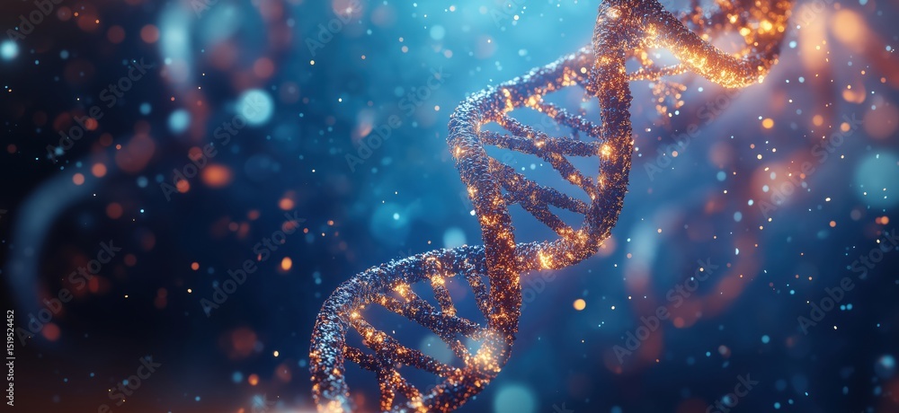 Poster glowing dna helix structure with sparkling particles in blue background
