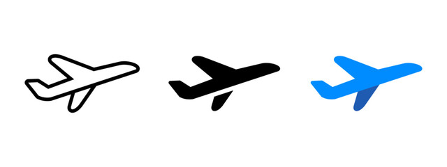 Airplane icon. Passenger jet in upward flight vector illustration. Symbol for air travel, airline departure and aviation services. Vacation and international transport sign. Global journey pictogram.