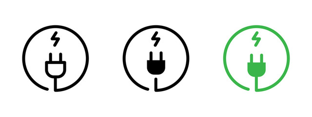 Electricity icon. Power plug with cable and lightning bolt vector illustration. Energy source and electrical connection symbol. Charging station and outlet use sign. Power pictogram.