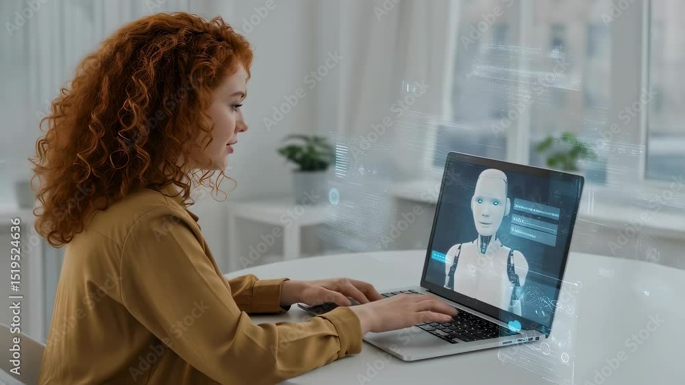 Poster woman working on laptop with artificial intelligence concept. robot head with data on screen. future