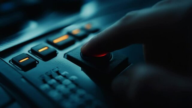Finger presses glowing red button on futuristic control panel in dark setting