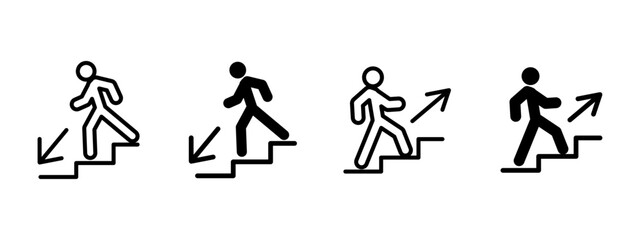 Stairs direction icon. Person walking up and down stairs with directional arrows vector illustration. Step navigation and movement indication symbol. Entrance, exit and alert guidance pictogram.