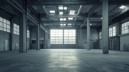 A vast, empty industrial space with high ceilings, numerous supporting columns, and large windows letting in soft light, creating a cool, somewhat desolate atmosphere